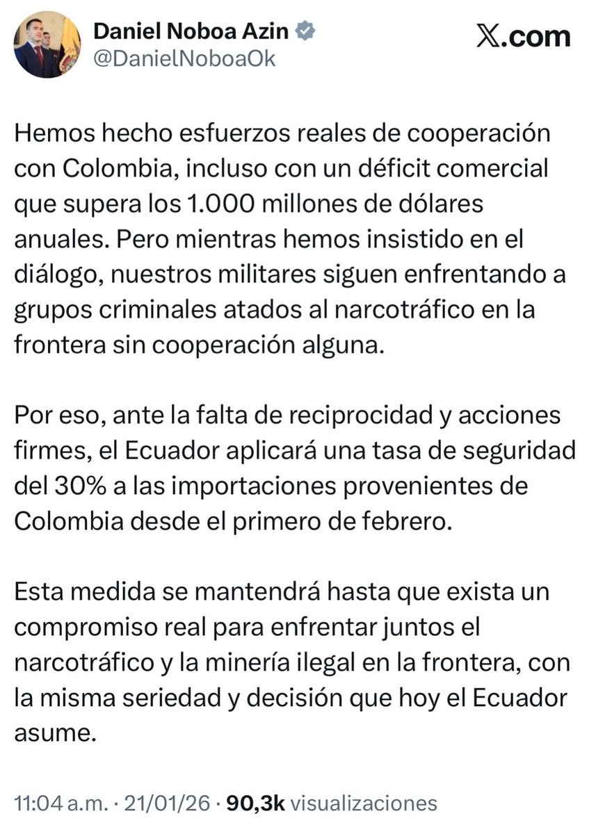 MariaFdaCabal's tweet image. Una decisión difícil que golpea a los productores colombianos, quienes no son responsables del fracaso del gobierno de Petro.

Lamentablemente, no hay acciones reales ni contundentes contra los grupos ilegales que operan en la frontera. Mientras Ecuador combate con decisión al…