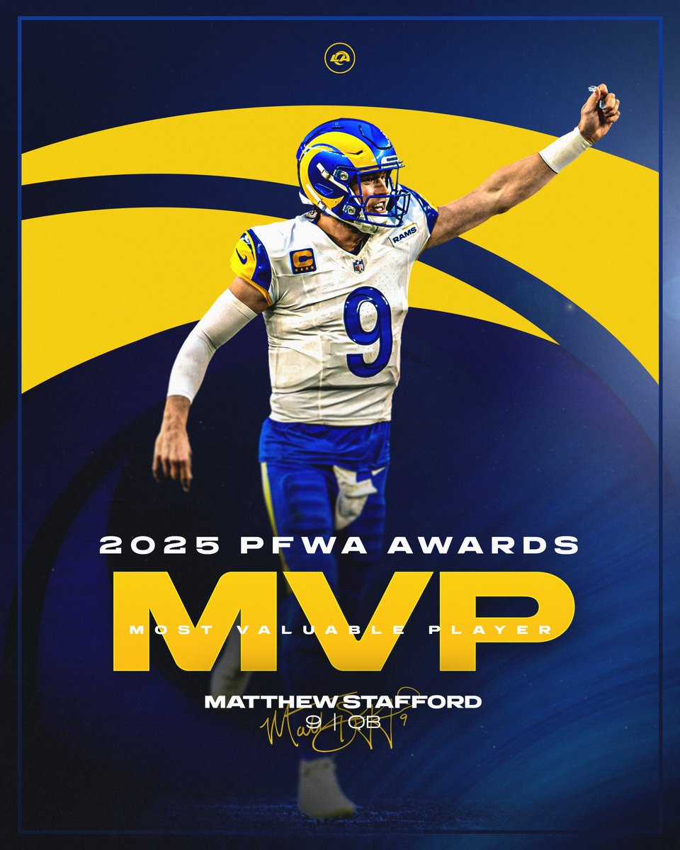 RamsNFL's tweet image. PFWA has named Matthew Stafford their 2025 MVP! 👏