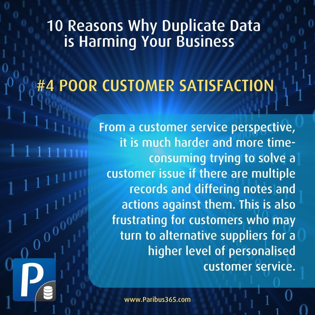 ⭐10 REASONS WHY DUPLICATE DATA IS HARMING YOUR BUSINESS ⭐

4. POOR CUSTOMER SATISFACTION

Duplicated and inaccurate #data affects every customer touchpoint, from customer service to marketing and sales.

Read more: buff.ly/3PflLeQ 

#Dynamics365 #CX #duplicatedata
