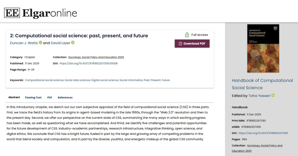 Chapter 2: <a href="/duncanjwatts/">Duncan Watts</a> &amp; <a href="/davidlazer/">🇺🇦 DavidLazer@bsky.social</a> reflect on how the field has evolved from early simulation models to today’s large-scale data and experiments, and ask how computational social science can move from producing insights to having real societal impact?
<a href="/NUnetsi/">Network Science Institute</a>