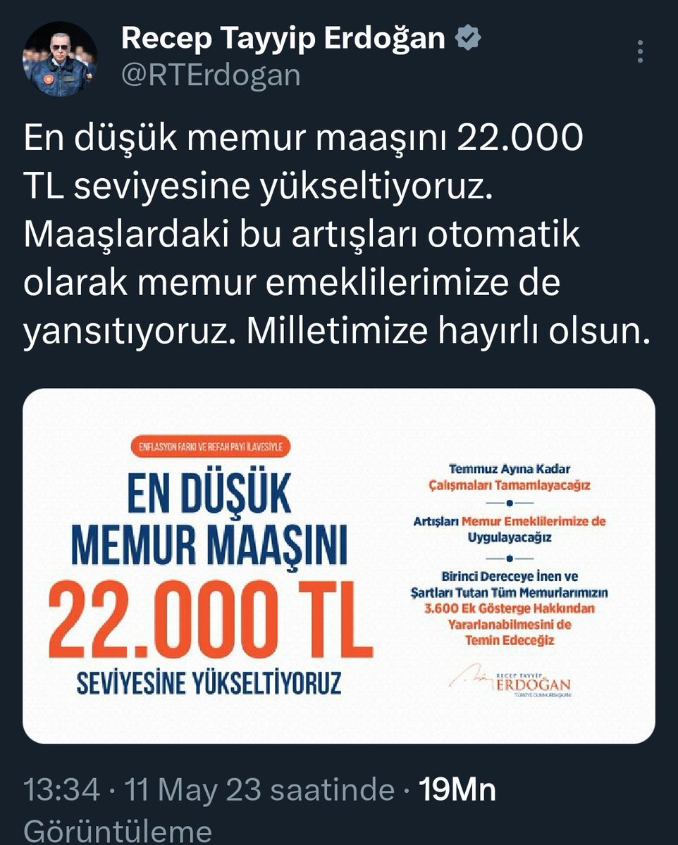 <a href="/RTErdogan/">Recep Tayyip Erdoğan</a> 2023 genel seçim öncesi vermiş olduğunuz 3600 ek gösterge ve memur emeklisine ilave ödeme sözünüz hala yerine getirilmedi sayın cumhurbaşkanımız .Hâlbuki meclis açılınca ilk işimiz demiştiniz. Size daha nasıl inanıp guvenelim.