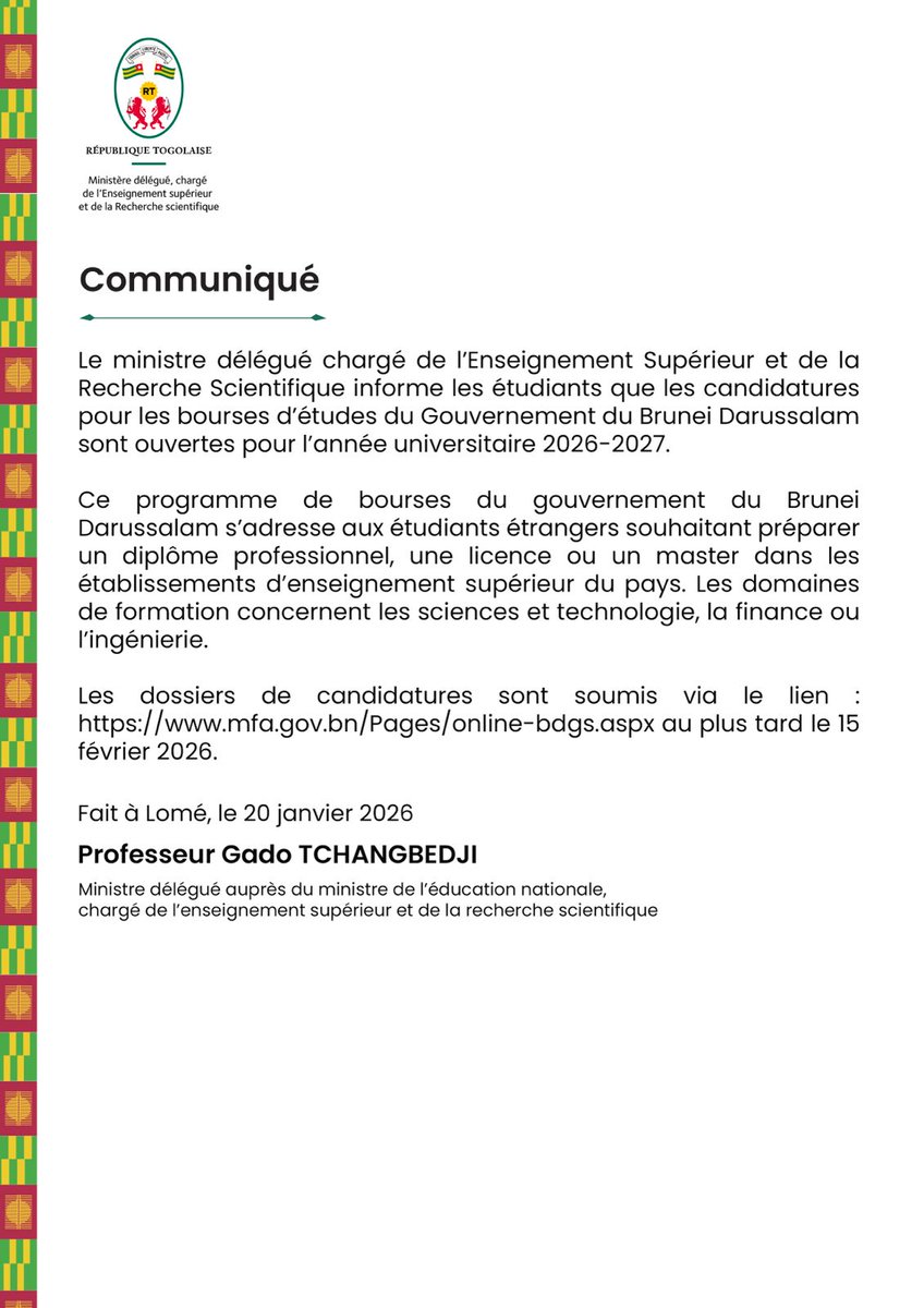 Les candidatures pour les bourses d’études du Gouvernement du Brunei Darussalam sont ouvertes.
Soumission des dossiers et informations complémentaires :
👉 mfa.gov.bn/Pages/online-b…