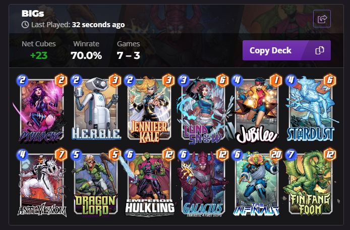 ObiHaved's tweet image. If you're looking for a new list to play with Foom, try this one out :)

Make sure you use jubilee and dragon lord before you drop Stardust with prio if you suspect a Scarlet Spider or Hela which have been running wild.