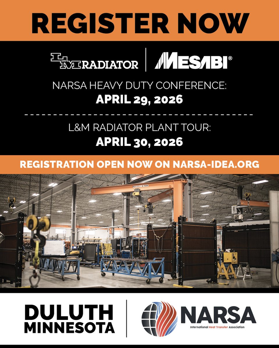 Registration is NOW OPEN for our 2026 Spring Conference at L&amp;M Radiator, Inc. April 29 &amp; 30 in Minnesota. The two-day conference will focus on extreme duty and severe duty cooling applications. You won't want to miss it!

Register Here: members.narsa.org/members/evr/re…