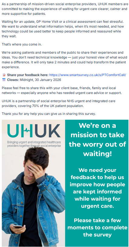 StripyLightCIC's tweet image. Please participate.

This survey is specific to URGENT care. Something that #pwME sometimes need but our needs aren't often considered.

Use the 'Other' options to leave your suggestions.

Survey - smartsurvey.co.uk/s/PTComfortCal…

#MEcfs #SocialEnterprise