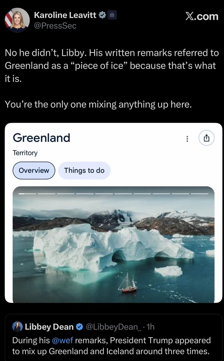 RonFilipkowski's tweet photo. Karoline Leavitt is denying that Trump mixed up Greenland and Iceland multiple times during his speech today. https://t.co/vzfyx2j7RC