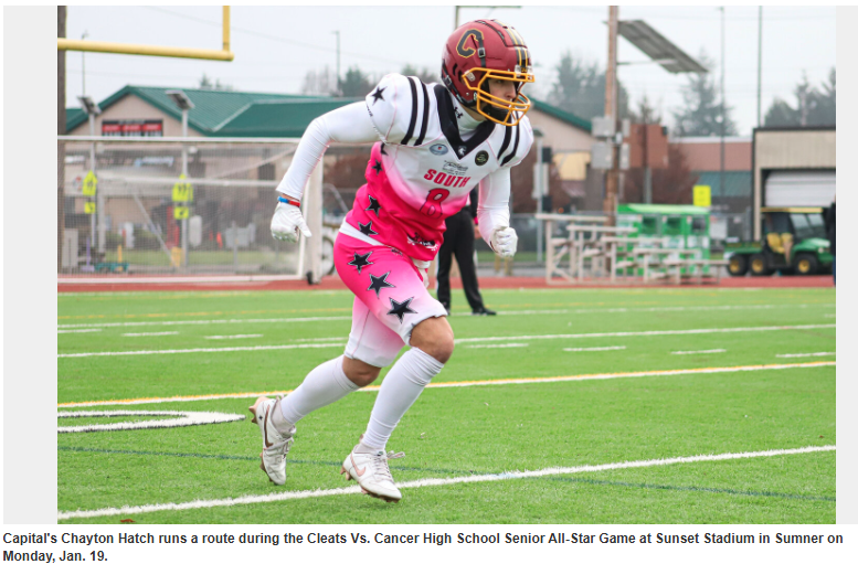 CapitalCougsFB's tweet photo. Congratulations to @chaytonhatch for participating in the @CLEATS V CANCER H.S. FOOTBALL ALL-STAR GAME. Chayton had a great career for Capital Football. #CB4L #WeAreCapital https://t.co/b6Kwd74Npu