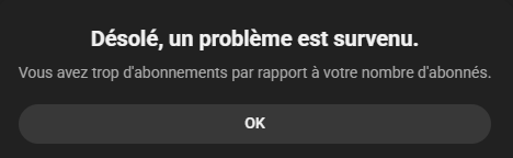 Prorotegat's tweet photo. @TeamYouTube Depuis que j'ai fusionné mon profil Youtube à mon compte de marque, ce message s'affiche dès que je veux m'abonner à une chaîne.
Je crois qu'il y a une limite de 2000 abonnements par compte, or je suis à moins de 1100. Pouvez-vous m'aider ? 1/2 https://t.co/tuWJQdLZDJ