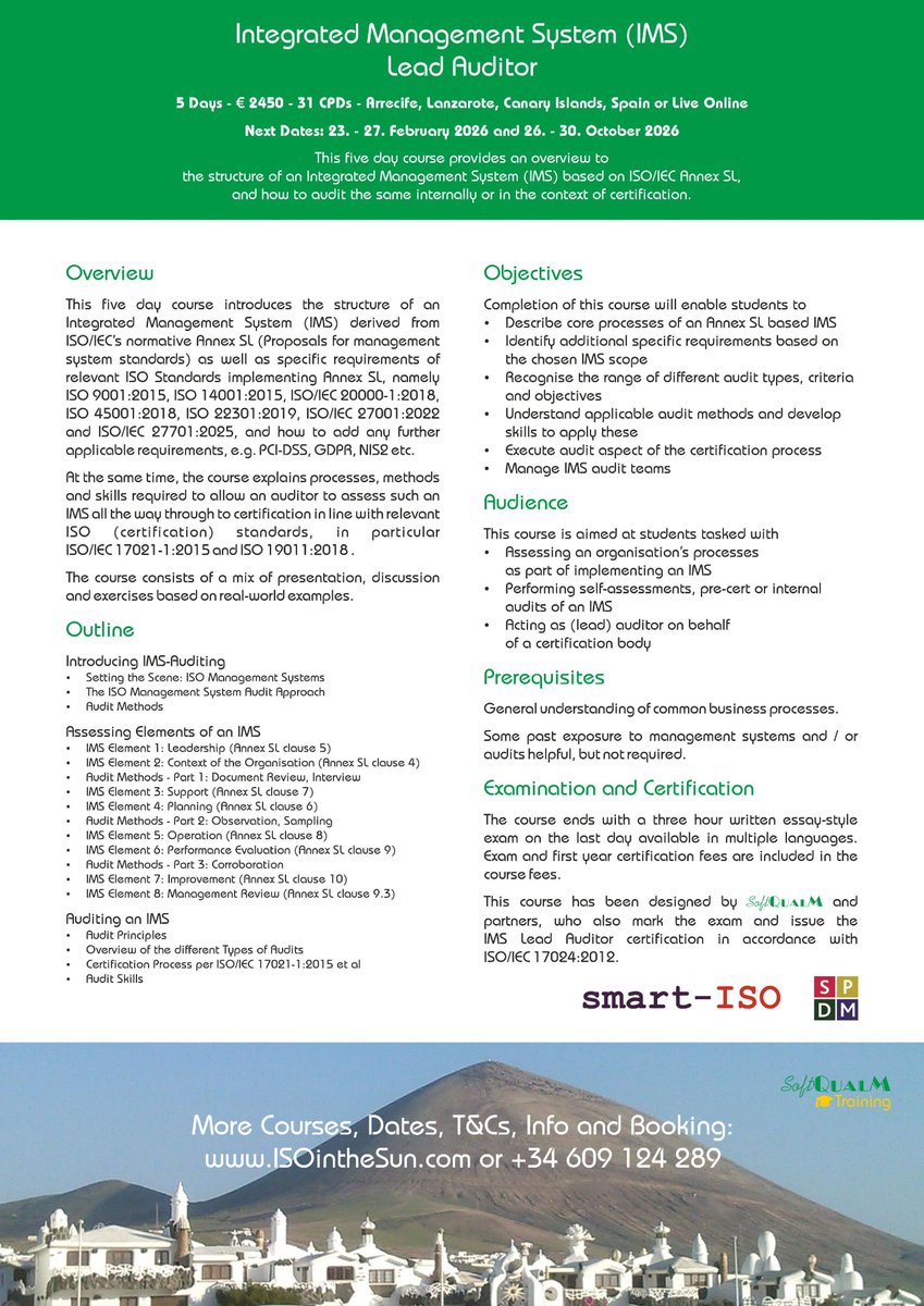 📣 Hi everyone, we still have places available on our upcoming 'Integrated Management System (IMS) Lead Auditor' course! 

💡This will run from 23rd-27th February in Arrecife, Lanzarote, Canary Islands.

👩‍💻 Book your place here: ISOintheSun.com

#ISOintheSun #training
