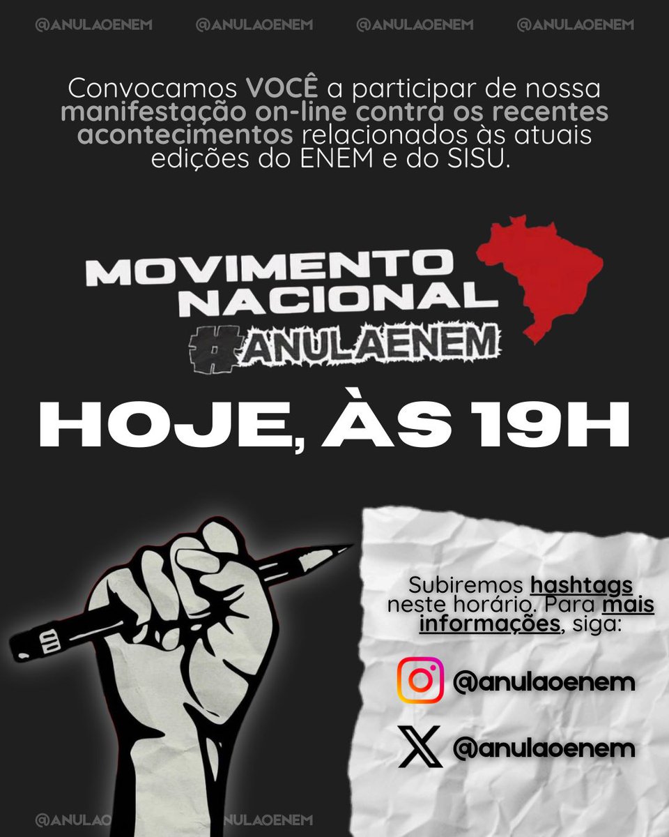 anulaoenem's tweet image. Manifestação online hoje!!

Subam as # no twitter com algo escrito ou elas vão ser derrubadas pois o sistema vai interpretar como bots caso não tenha nenhum texto.
Comentem nos seguintes perfis cobrando posicionamentos e mudanças sobre esta situação: inep_oficial, lulaoficial,…