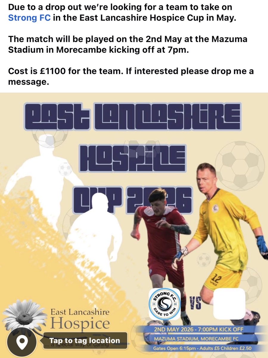 Anyone interested in playing at Morecambe FC in May in aid of <a href="/elhospice/">East Lancashire Hospice</a>