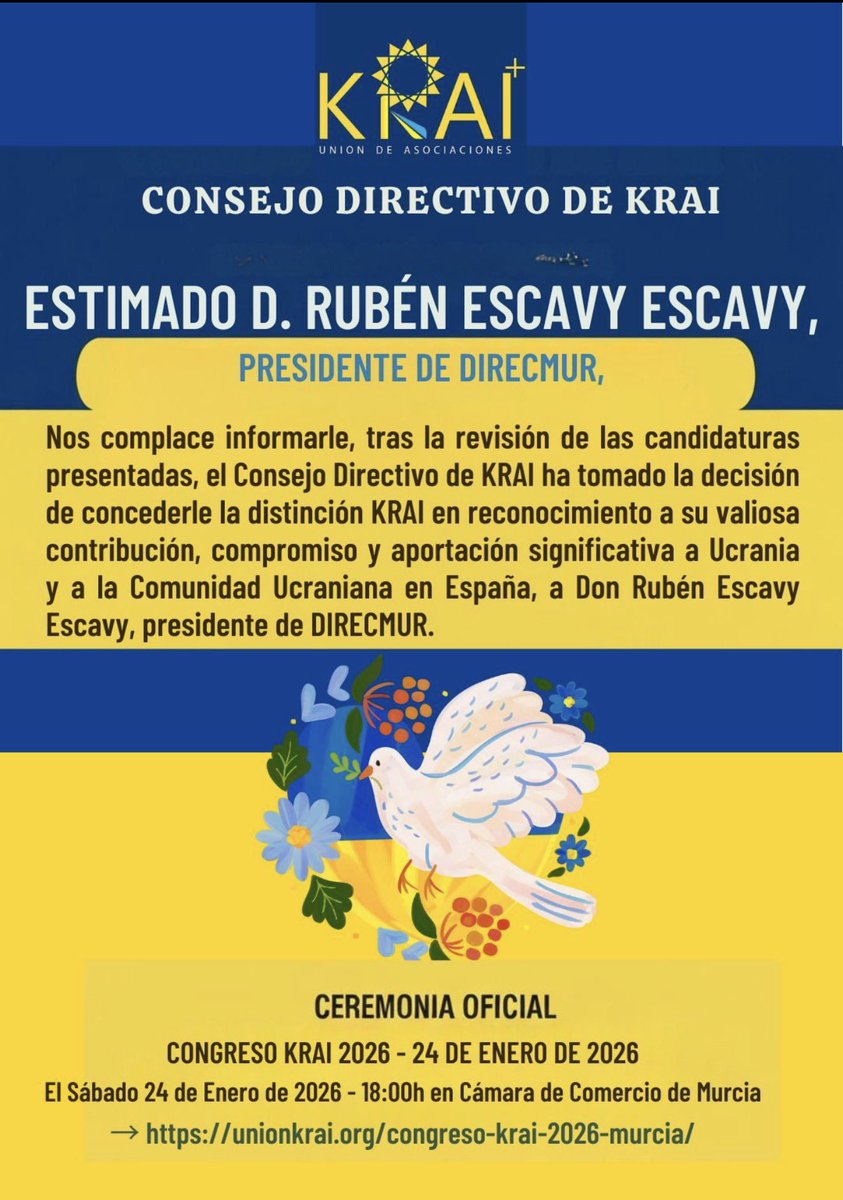 Muy orgulloso de recibir la distinción KRAI de la Unión de Asociaciones Ucranianas. Es un honor para mí, para <a href="/direcmur/">DIRECMUR</a> y para la Región de Murcia.
Gracias a la comunidad ucraniana de Murcia y España, especialmente a Larysa, por este reconocimiento. ¡Seguiremos trabajando! 🇺🇦 🇪🇸