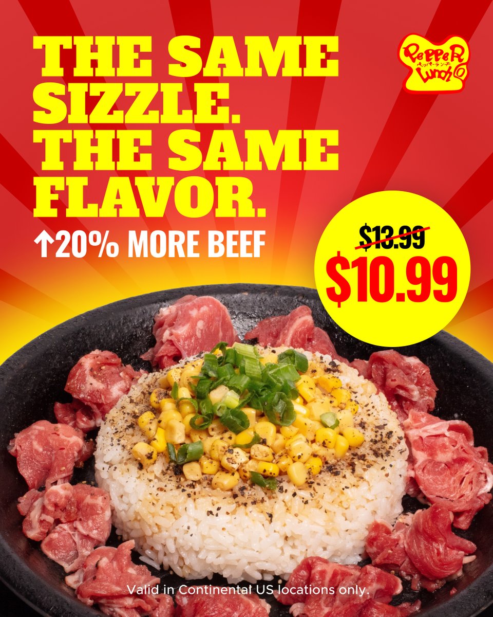 PepperLunchAZ's tweet image. Same sizzle. Same flavor. 🔥

 Now with 20% MORE BEEF.

 Beef Pepper Rice delivers everything you love plus more value for just $10.99.

 Catch it while it’s hot.

#BeefPepperRice #GoodDeals #Value #ASU