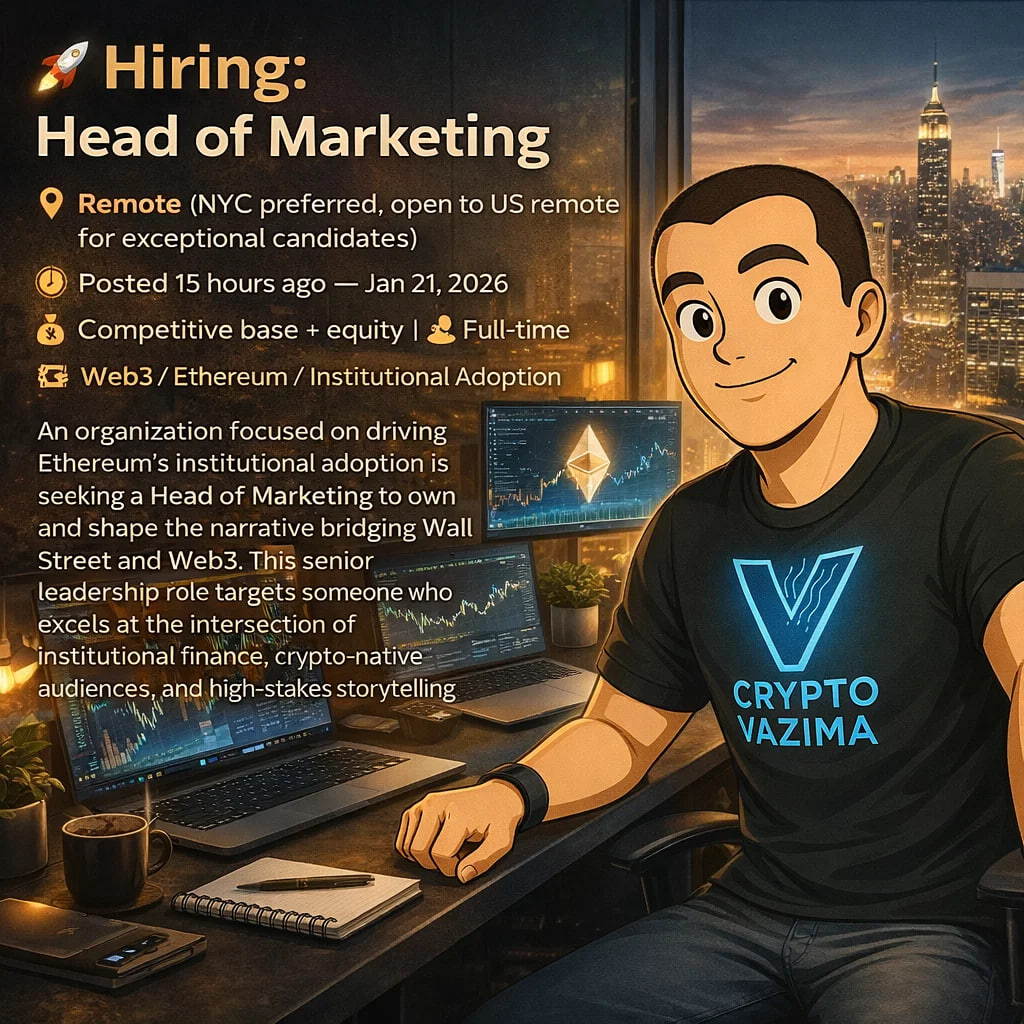 🚀 Hiring: Head of Marketing — Ethereum Institutional Adoption 📍 Remote  (NYC preferred, US remote possible) | 💼 Full-time | 🧑‍💻 Web3 / Ethereum  / Marketing Leadership | 💰 Competitive base +