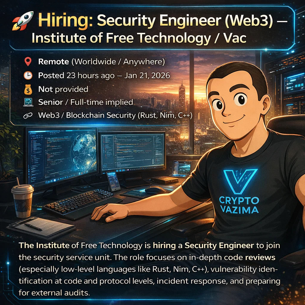 🚀 Hiring: Security Engineer (Web3) — Institute of Free Technology / Vac 📍  Remote (Worldwide) | 💼 Senior | 🧑‍💻 Blockchain Security (Rust/Nim/C++) |  💰 Not provided | 🕐 Posted 23 hours