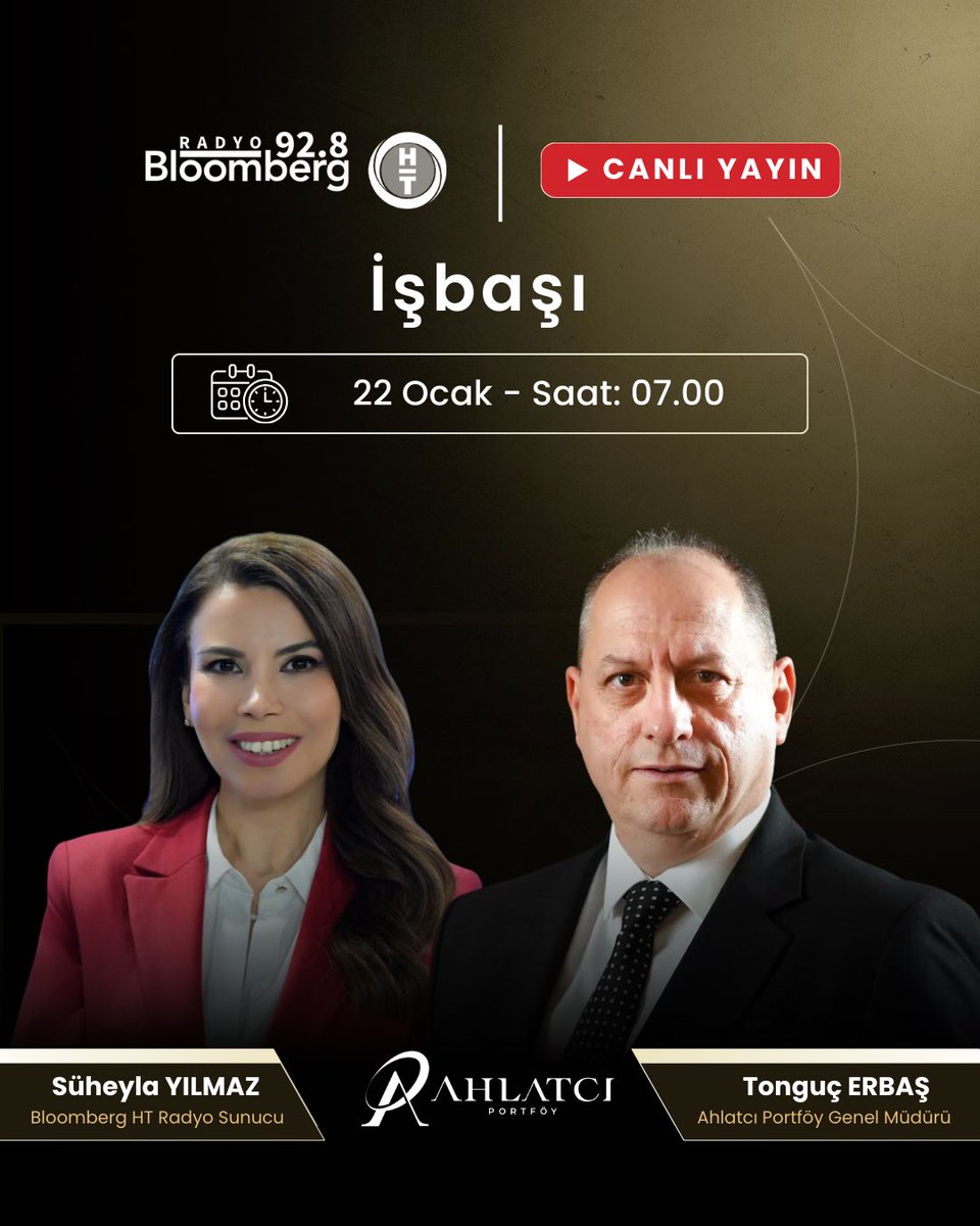 AhlatciPortfoy's tweet image. Ahlatcı Portföy Genel Müdürü Tonguç Erbaş, 22 Ocak saat 07.00’de Bloomberg HT Radyo’da Süheyla Yılmaz’ın sunduğu ‘’İşbaşı’’ programına canlı yayın konuğu olarak katılacak.

@Tongucerbas @BHTradyo @SuheylaYS 

#AhlatcıPortföy