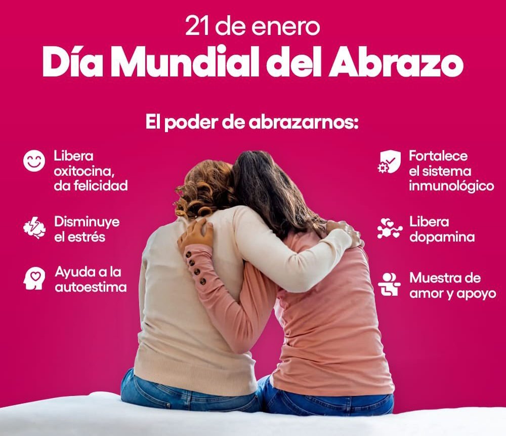 #Efemérides #21Ene Conmemoramos el día internacional del abrazo. Los abrazos benefician directamente nuestra salud física y emocional sin importar la relación que tengamos con la persona que abrazamos, es una manifestación de júbilo, alegría y cariño.