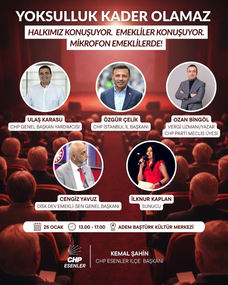 Mikrofon Emeklilerde 

🗓️ 25 Ocak Pazar 
🕐 13.00
📍Adem Baştürk Kültür Merkezi

Tüm Emekli vatandaşlarımız ve Halkımız davetlidir.