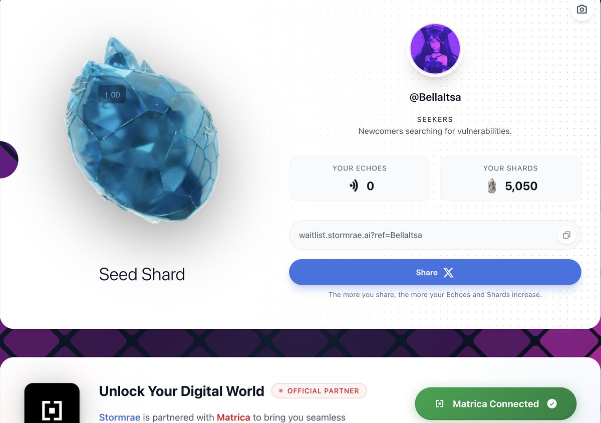 รับ Seed shards จาก <a href="/stormrae_ai/">Stormrae</a>
เชื่อมเป๋า Solana แนะนำเจนกระเป๋าใหม่
เชื่อม twitter
ลง waitlist ref:
waitlist.stormrae.ai/?ref=BellaItsa
เชื่อม Matrica ได้เพิ่มอีก 5,000 shards.