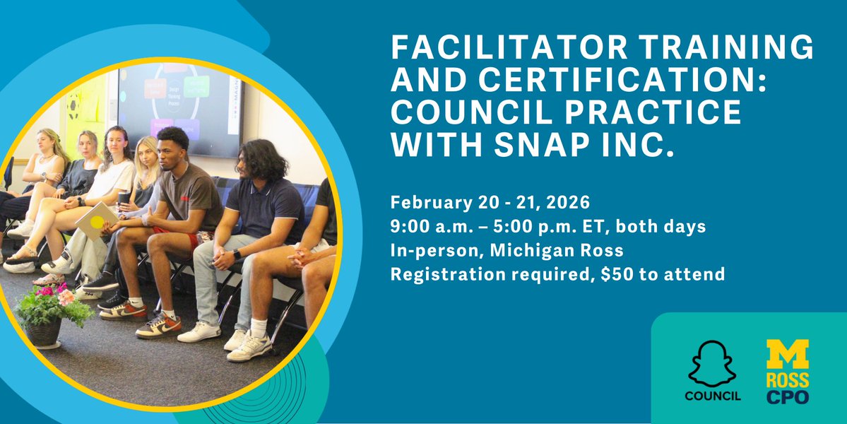 PositiveOrg's tweet image. Register today for our Council Facilitator Training in partnership with Snap Inc.! The Council method is a high-impact listening and storytelling practice that has been embedded in Snap Inc.’s culture since its founding. 

Open to all ‼️ 
myumi.ch/R34X4