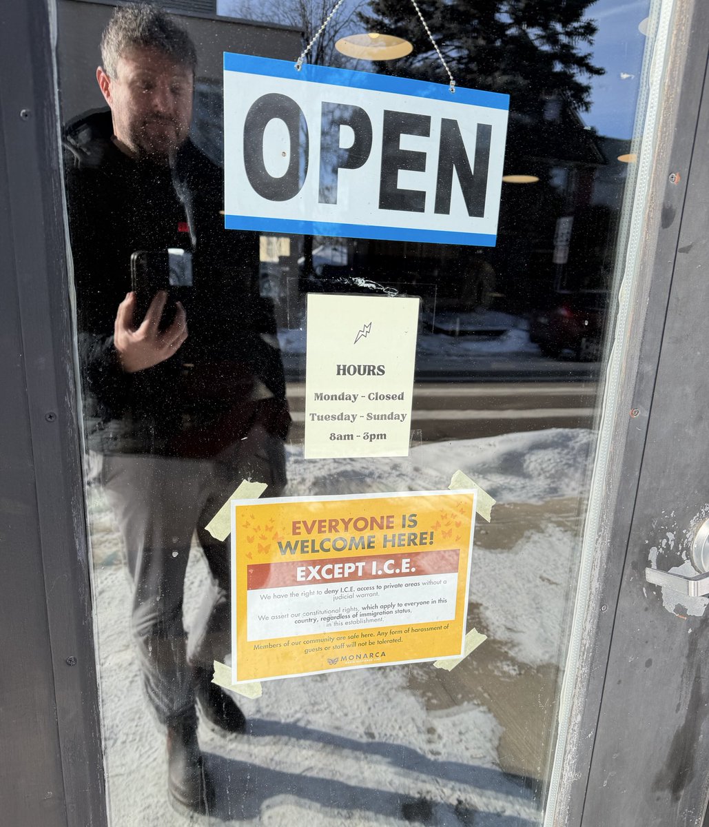 There are so many amazing restaurants and coffee shops in Minneapolis, but almost every single one of them has an “everyone is welcome here except ICE” sign on the door.

Hope those assholes enjoy eating ham sandwiches in their hotel room.