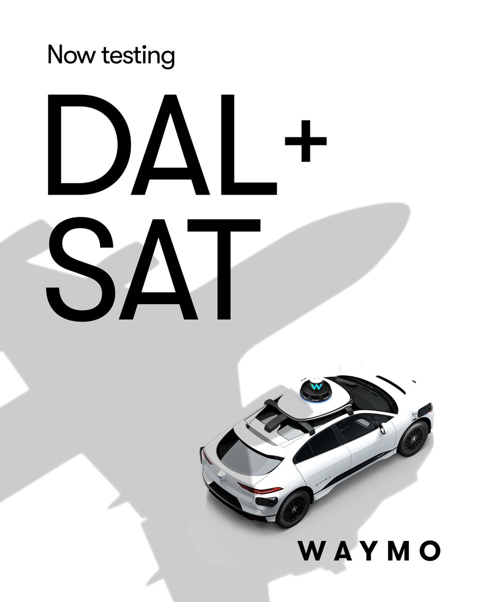 Waymo's tweet image. Next stop: Texas! ✈️🤠 The Waymo Driver is beginning employee testing at @DallasLoveField and @satairport. We’re scaling fast to make stress-free travel a reality in more cities this new year 🚀🤖