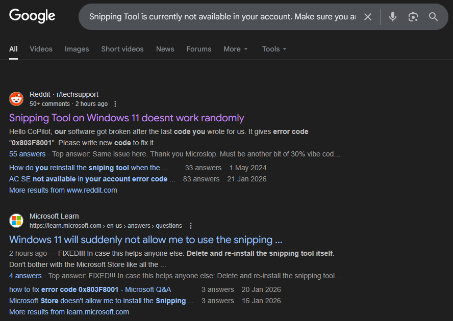 naranciagaming's tweet photo. new windows update somehow seems to have broken the fucking snipping tool and requires you to reinstall it lol. another excellent copilot vibecoded update, thank you microslop https://t.co/wMlMV1E7YE