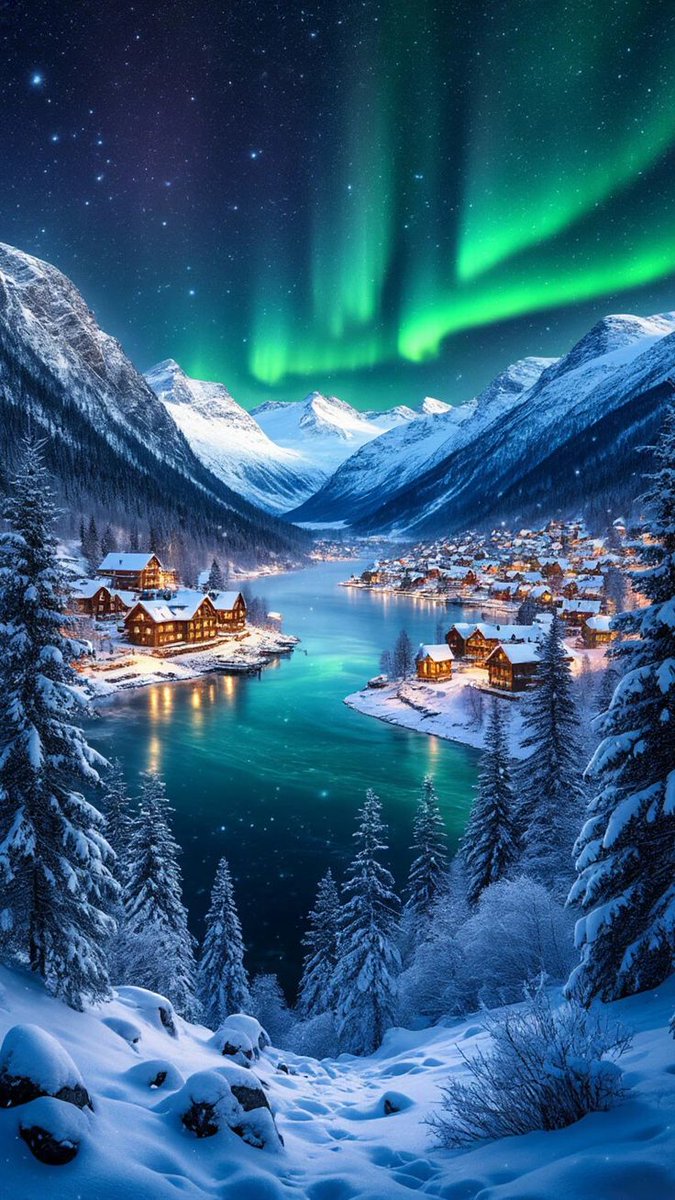 Snowy winter forest lake