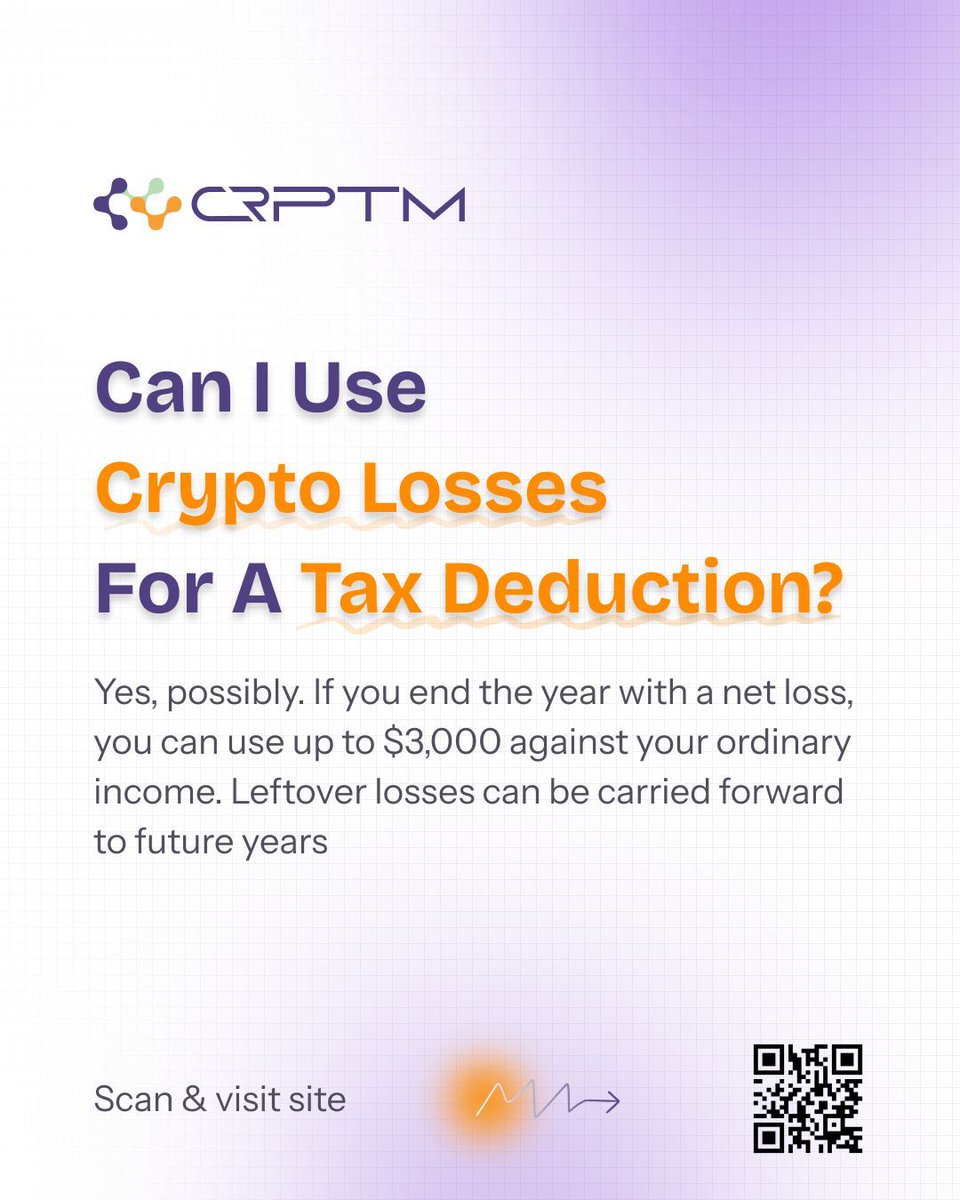 xcrptm's tweet photo. Want to reduce your tax bill?

Crypto losses can:
Offset your crypto gains
Reduce up to $3,000 of your income
Carry forward to future years

Most people skip this and overpay.

Use CRPTM to track gains/losses and generate your tax report fast.

#CRPTM #CryptoTaxes #TaxDeductions https://t.co/6ZH37cyVc2