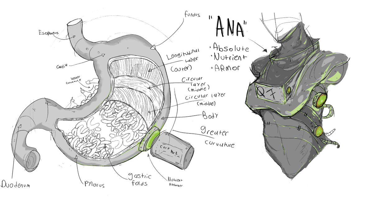 Mech Pilot-07 Character Design.

A protected feeding port connects the stomach to their armor. Their armor breaks down special nutrient bars (chocolate flavor) and delivers them directly to the pilot’s body, keeping both the pilot and the mech fueled. 

#characterconcept #oc