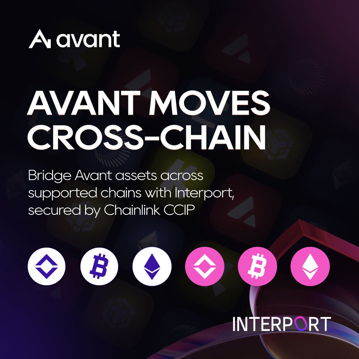 Avant assets are now cross-chain with @InterportFi. Move savUSD, savBTC,  savETH, avUSDx, avBTCx, and avETHx seamlessly across supported chains,  powered by secure cross-chain messaging via @chainlink CCIP. Interport  enables @AvantProtocol assets to