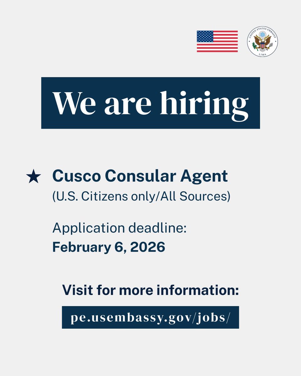 USEMBASSYPERU's tweet photo. 🇺🇸 Opportunity for U.S. citizens in Cusco
Join the U.S. Embassy team and apply for the Consular Agent position.
Apply here: https://t.co/6mSQ8K9ByL https://t.co/UOwvRRicG2