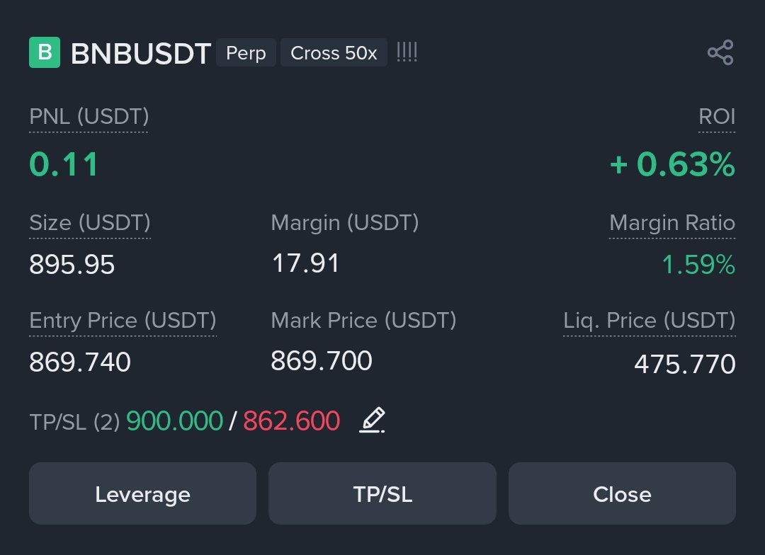 $100 → $1,000 Challenge | Trade 124 BNBUSDT Long (50x, Cross) Entry:  $869.740 Margin: $17.91 TP: $900.000 SL: $862.600