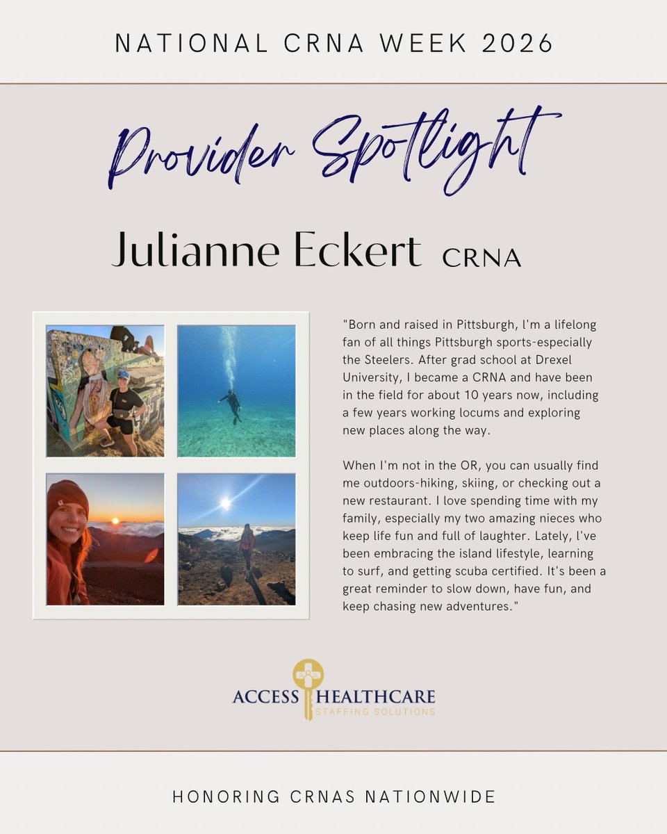 Today we are recognizing Julianne Eckert, CRNA and the care and consistency she brings to her work. We appreciate the impact she makes for patients and teams every day. Happy CRNA Week, Julianne! 
#NationalCRNAWeek #GetACCESS