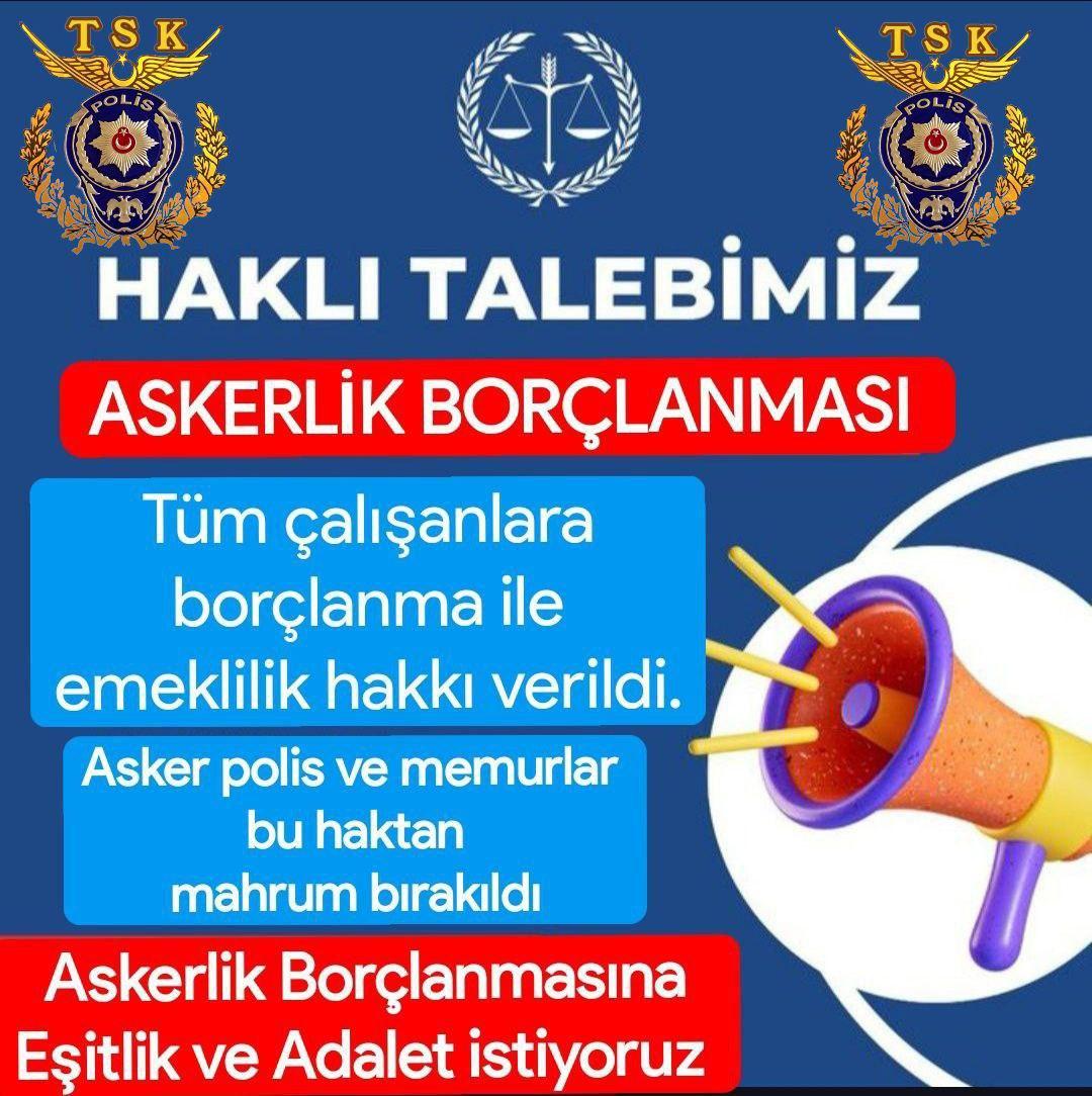 Syn Vekilim #AskerlikBorçlanması neden sadece polis asker ve memurlar da sigorta başlangıcını geriye çekmiyor.
İşçi esnaf çiftçi hepsi geri çekip emekli olurken biz olamadık, bu mağduriyetin çözülmesi adına sesimiz olmanızı bekliyoruz.