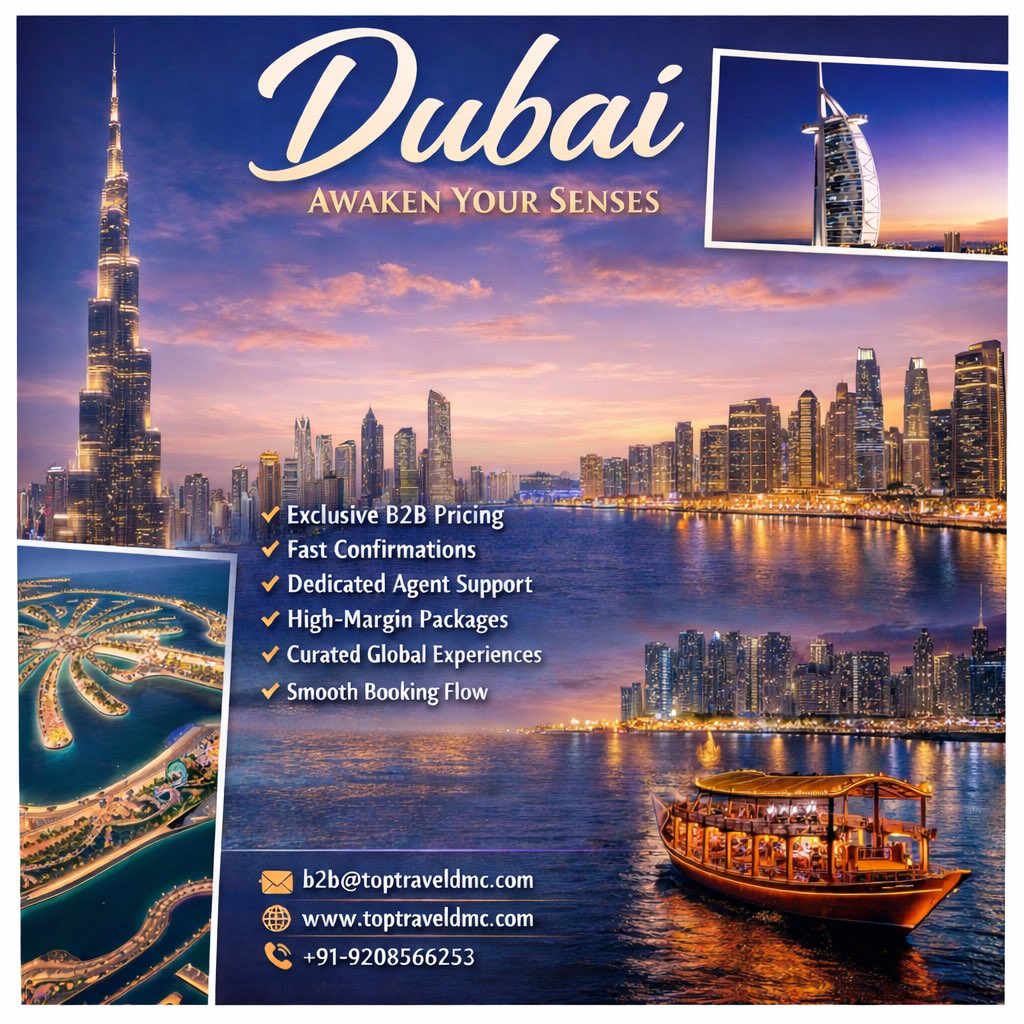 TopTravelDMC's tweet photo. Dubai hits different 🌆
Future-forward luxury, desert drama, skyline magic—all easy to sell.

Exclusive B2B pricing. Fast confirmations. High-margin packages.

Let’s partner:
📧 b2b@toptraveldmc.com 
🌐 https://t.co/c2pW7xCUMX 
📲+91-9208566253

#DubaiTravel #TopTravelDMC https://t.co/56HQjyqsQq