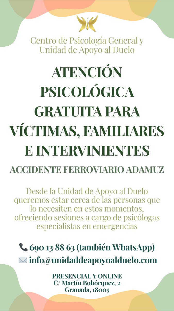 EsterMJT's tweet photo. Desde la Unidad de Apoyo al Duelo hemos creado un espacio de atención psicológica gratuita para acompañar a víctimas, familiares e intervinientes del accidente ferroviario de Adamuz.
🤍 Especialistas en emergencias
🤍 Presencial y online

Comparte con quien pueda necesitarlo. https://t.co/4JeplePp4l