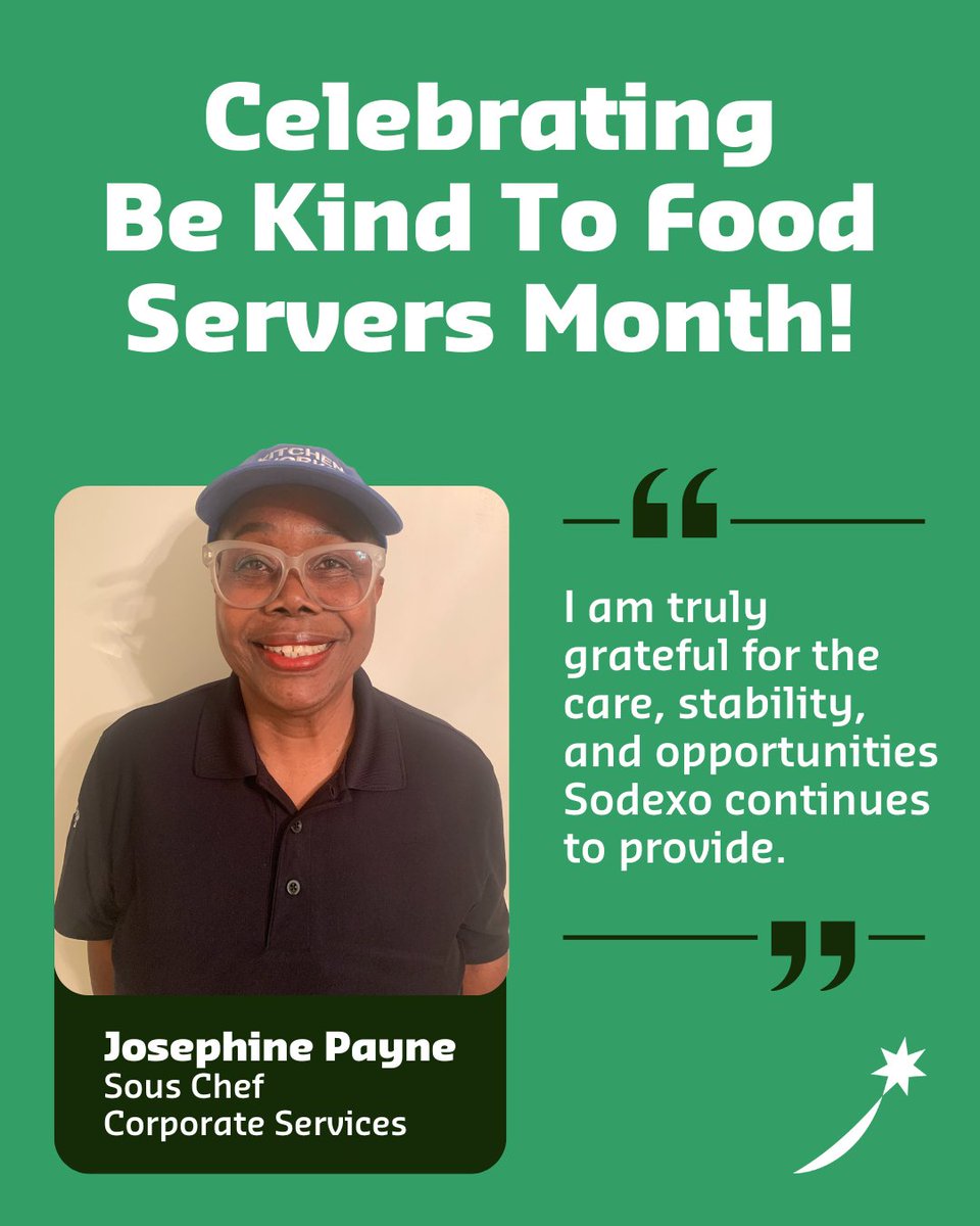 With over 20 years at Sodexo, our Sous Chef, Josephine, has grown from managing the salad bar to doing what she loves most, cooking with passion &amp; purpose. During #BeKindToFoodServersMonth, we’re reminded how much patience, gratitude, &amp; a simple thank you matter. #LifeAtSodexo
