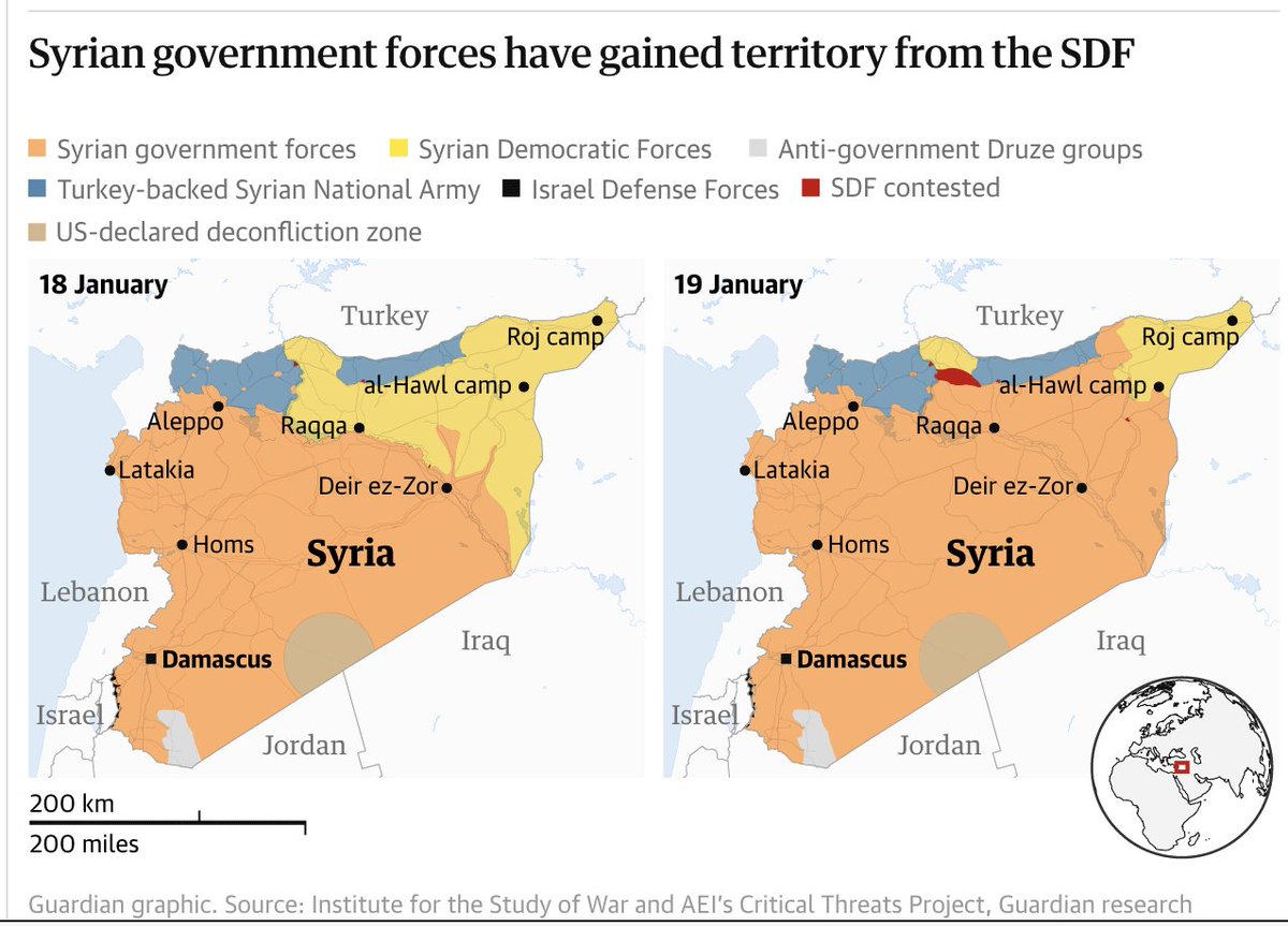 US says it no longer supports SDF, as Syria Gov Troops sweep through NE Syria stopping at the gates of Hassakeh. 

ISIS prison camps in turmoil as Kurds lose swathes of territory to government forces

theguardian.com/world/2026/jan…