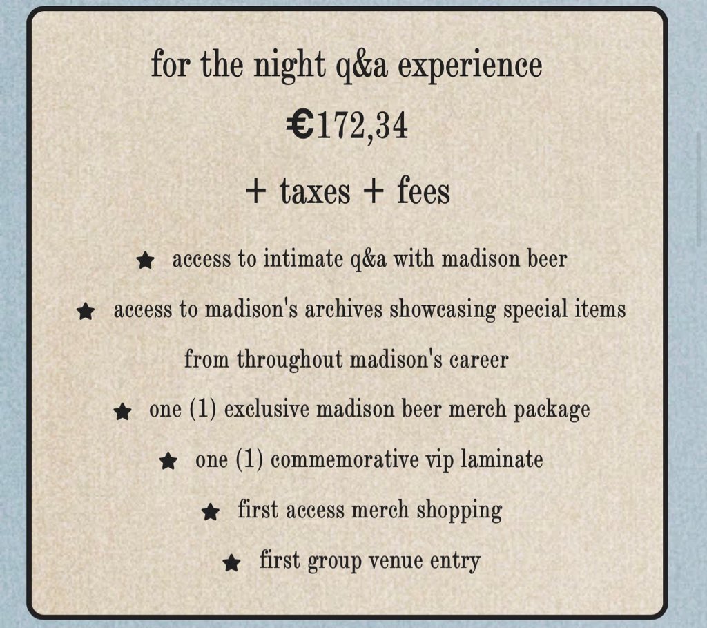 parendise's tweet image. hey hq is there a reason why the antwerp vip packages are sold for nearly €100 more and also sold seperately on ticketmaster? i thought the we'd be buying on madison's own website to avoid such ridiculous fees @madisonbeerhq