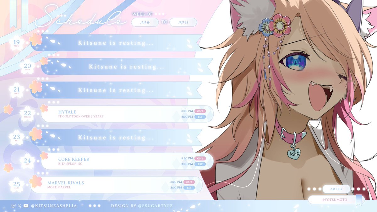 【STREAM SCHEDULE】🦊🌸
Happy (late) schedule ! Gonna play some HYTALE tomorrow! Please look forward to it~ 🩷