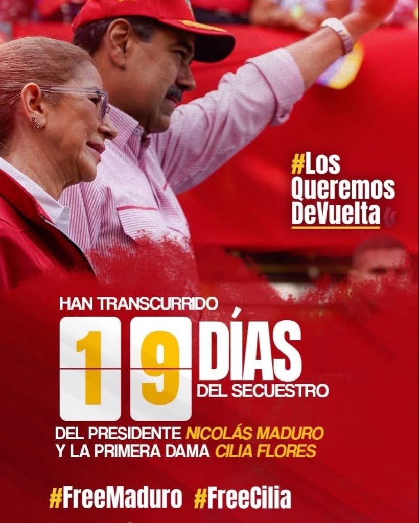El presidente de Venezuela, Nicolás Maduro Moros, y sus esposa, Cilia Flores, fueron secuestrados el 3 de enero de 2026. Están en los Estados Unidos como prisioneros de guerra. 
#LosQueremosDeVuelta
#FreeMaduro