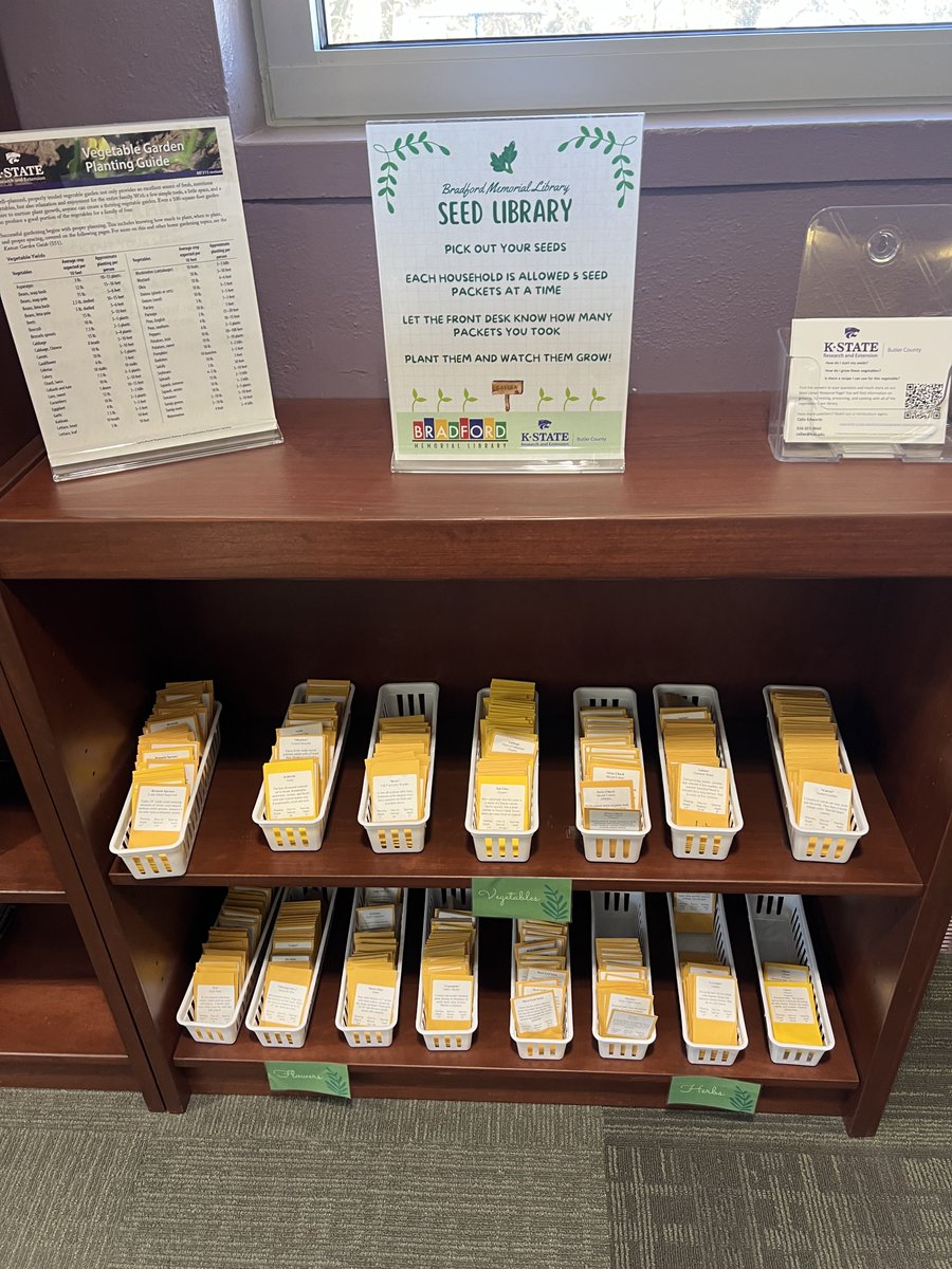 Our Seed Library is back! Calla with K-State Research and Extension - Butler County has restocked the library with cold weather options. Please limit 5 packets per visit
