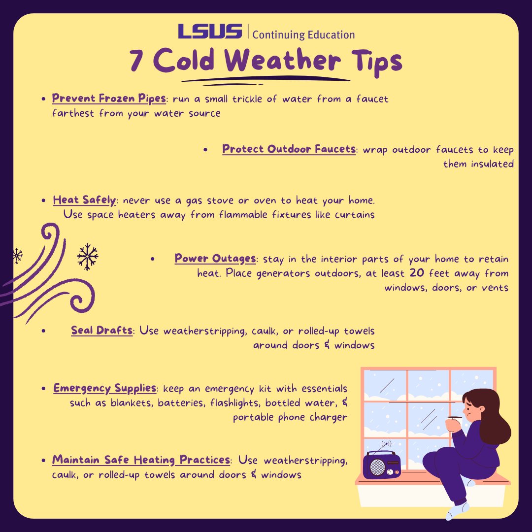 With freezing temperatures &amp; inclement #weather 🌨️ forecasted in our area, it’s vital to prepare. So, here are 7 #tips to ensure #safety &amp; protect your property during extreme #cold. 🥶 

#lsusce #SafetyFirst #ColdWeather #SweaterWeather #freezing #Shreveport #winter #StaySafe