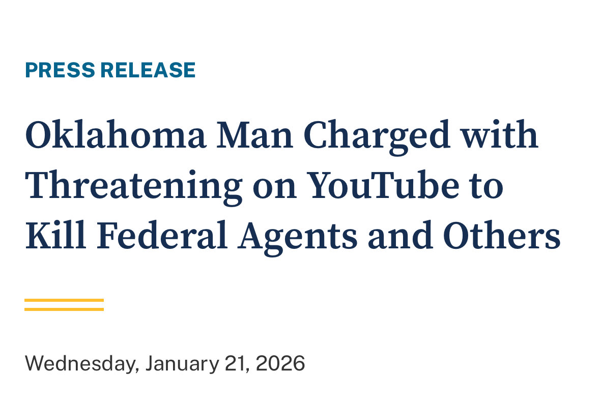 FBIDirectorKash's tweet image. Earlier this week the FBI arrested a man in Oklahoma who was found to be threatening to kill ICE agents and other federal officers… that individual has now been charged. @FBIOklahomaCity led the investigation with great work from partners @HSI_HQ and local authorities.