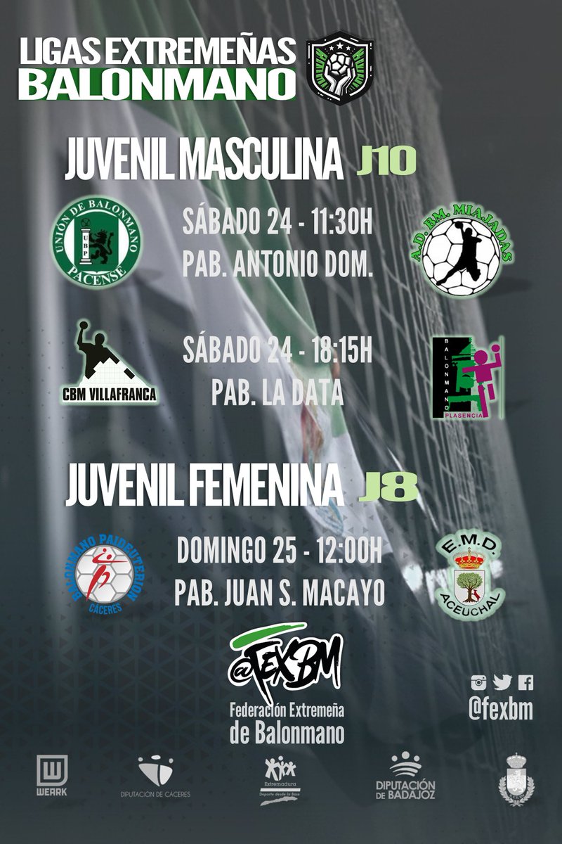 📆🏆 Agenda partidos senior y juvenil de #balonmanoextremeño 🟢⚪️⚫️ 
🤾‍♂️#segundanacional #masculina J6
🤾‍♀️#primeranacional #femenina J4
🤾‍♂️#juvenil #masculina J10 
🤾‍♀️#juvenil #femenina J8
<a href="/jovendeportEXT/">Jóvenes y Deportes Extremadura</a> 
<a href="/RFEBalonmano/">RFEBalonmano</a>