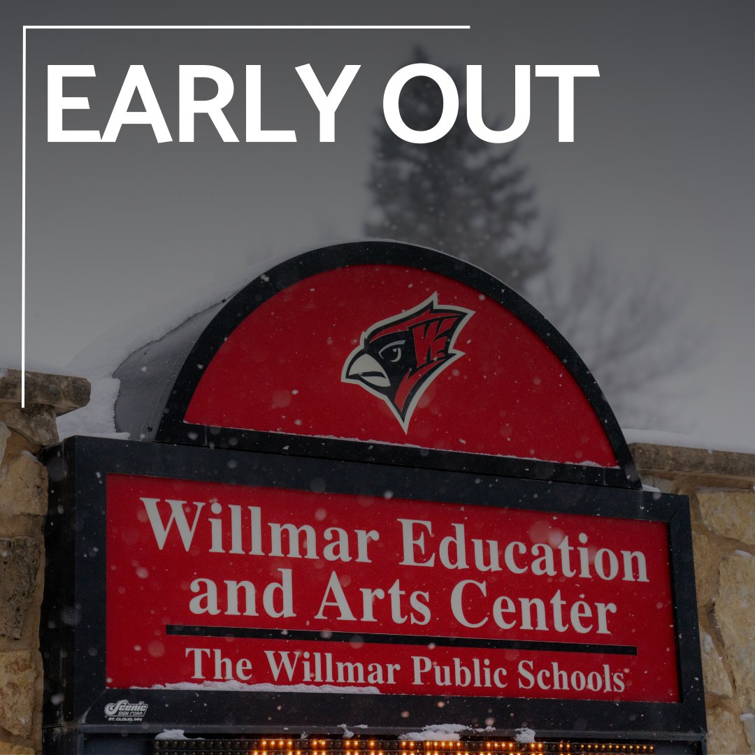 ISD347's tweet image. Willmar Public Schools will dismiss one hour early today due to weather.

Middle &amp;amp; High School: 1:45 PM
Elementary Schools: 2:20 PM

All after-school activities are canceled.

Cardinal Place will remain open. Stay safe!

#WillmarPublicSchools #EarlyOut #WeatherAnnouncement