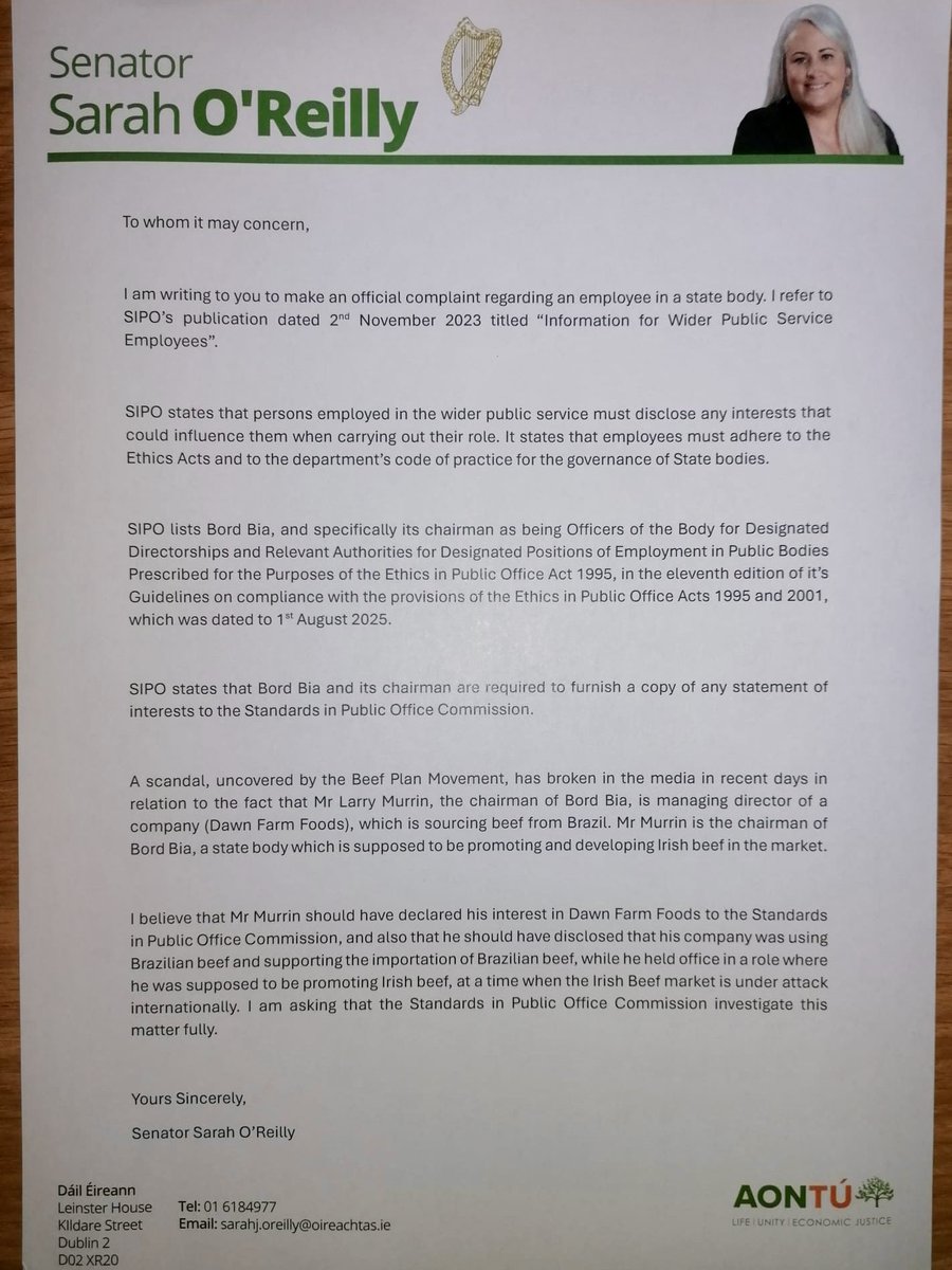 ‼️ Bord Bia Scandal ‼️

Aontú’s Senator Sarah O’Reilly has complained to SIPO about the mind-blowing revelation that the chairman of Bord Bia, responsible for promoting Irish beef, is managing director of a company importing Brazilian beef.

Farmers feel betrayed by the very