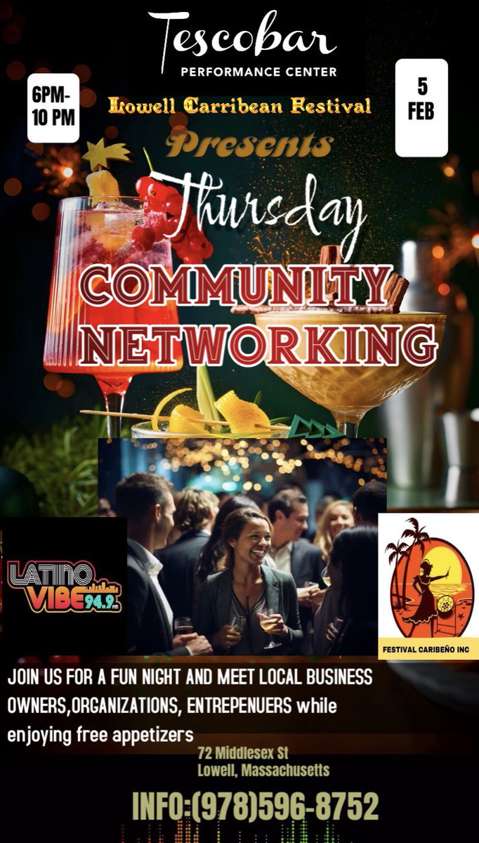 ComunidadLowell's tweet photo. We want to invite you to this event for a very special social Thursday where we'll connect with local business owners from our city and surrounding areas, media personalities, local organizations, and entrepreneurs. We'll be sharing delicious appetizers, and more. Free entrance https://t.co/cLsiGiKQwx