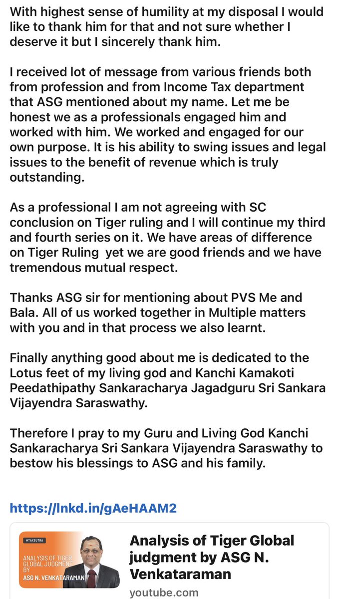 rlnarayanan's tweet photo. Tiger global judgement,
How an effective person with determination and humanity can win billions of dollars for government with rule of law at the helm, inspite of #Tigerglobal having the best person, the best advocate #harishsalve and battery of lawyers assisting him.
#Taxtreaty
#TRC
In this 90 minute address, Additional Solicitor General Mr. N. Venkataraman decodes the landmark Supreme Court judgment in Tiger Global tax case
#Taxsutra #Taxtreaty #TRC #DTAA #incometax #indirecttransfers

As I have already discussed about KR Sekar and our relationship, he is one the best in matters of Tax in the country and advises India’s top listed companies as well as MNC’s
Sr most position in @Deloitte
Sekar Kr much appreciated, as I personally know him, what diffenciates him and others is Knowledge with humility
विद्या ददाति विनयं,
विनयाद् याति पात्रताम्।
पात्रत्वात् धनमाप्नोति,
धनात् धर्मं ततः सुखम्॥
Knowledge gives humility," or "Education brings modesty," emphasizing that true learning fosters humility, which then leads to worthiness, wealth, righteous conduct, and happiness, forming a path to a fulfilling life.
A must listen video posted today
On #Tax
#investments
Especially for the best charted accountants in the country and lawyers.
All those people and students of #law #auditing #tax a must listen video
https://t.co/gs9EmEDY6G
